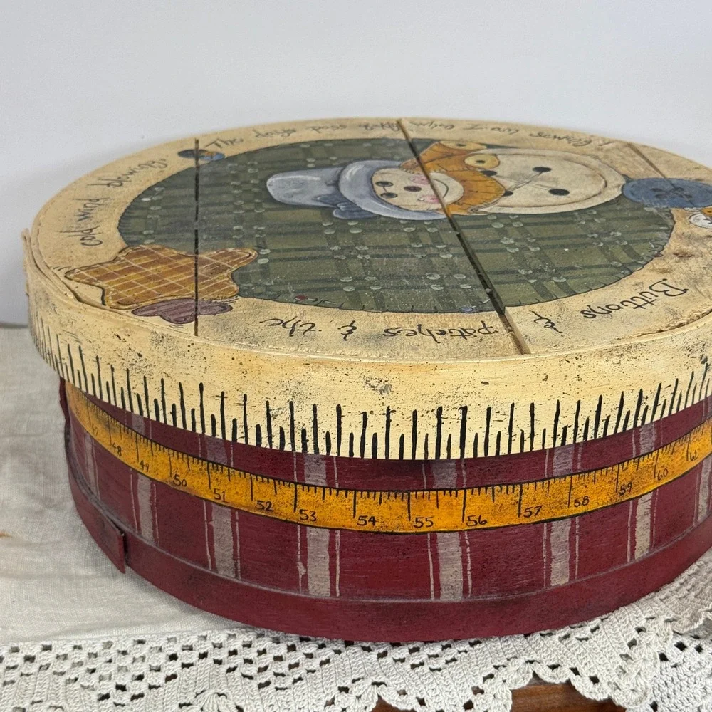 Primitive Hand Painted Wooden Snowman Sewing Box Round 15x5.5 Rustic Folk Art